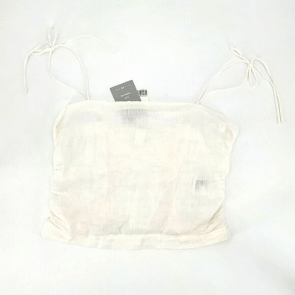 H&M Linen Crop Top Cami Women Size Medium Off White Tie Shoulder Straps  Smocked - Picture 1 of 6